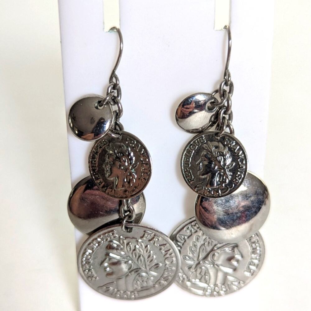 Vintage République Française Traveler Silver Tone Coin Dangle Hook Earrings